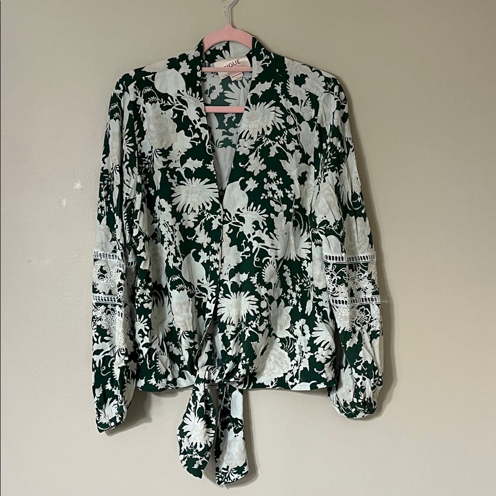 Floral Tie-Front Blouse in Green and White